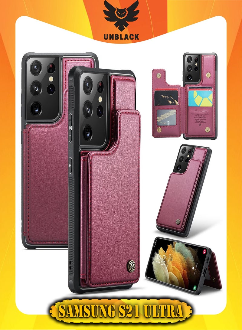 CaseMe Wallet Case for Samsung Galaxy S21 Ultra, Premium Handmade Durable PU Leather Slim Shockproof Case with [Double Magnetic Clasp] [Card Holder] [Kickstand] [RFID Blocking] (Red)  - Image 1