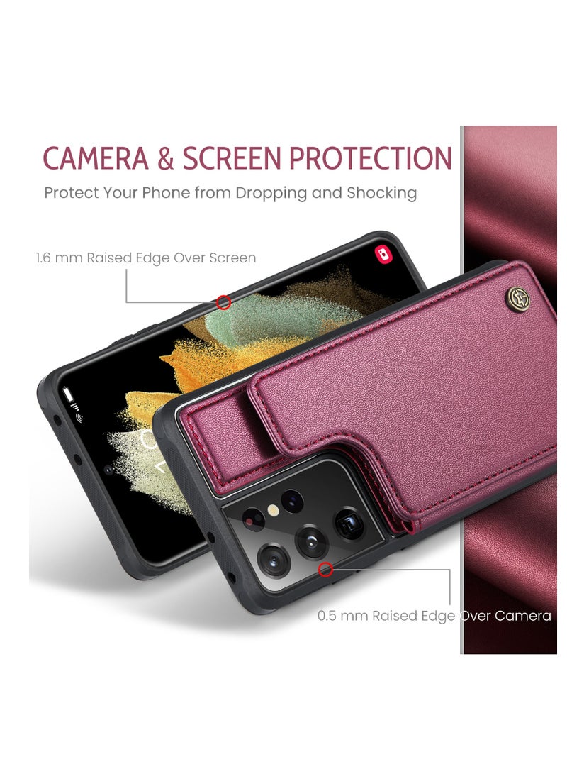 CaseMe Wallet Case for Samsung Galaxy S21 Ultra, Premium Handmade Durable PU Leather Slim Shockproof Case with [Double Magnetic Clasp] [Card Holder] [Kickstand] [RFID Blocking] (Red)  - Image 4