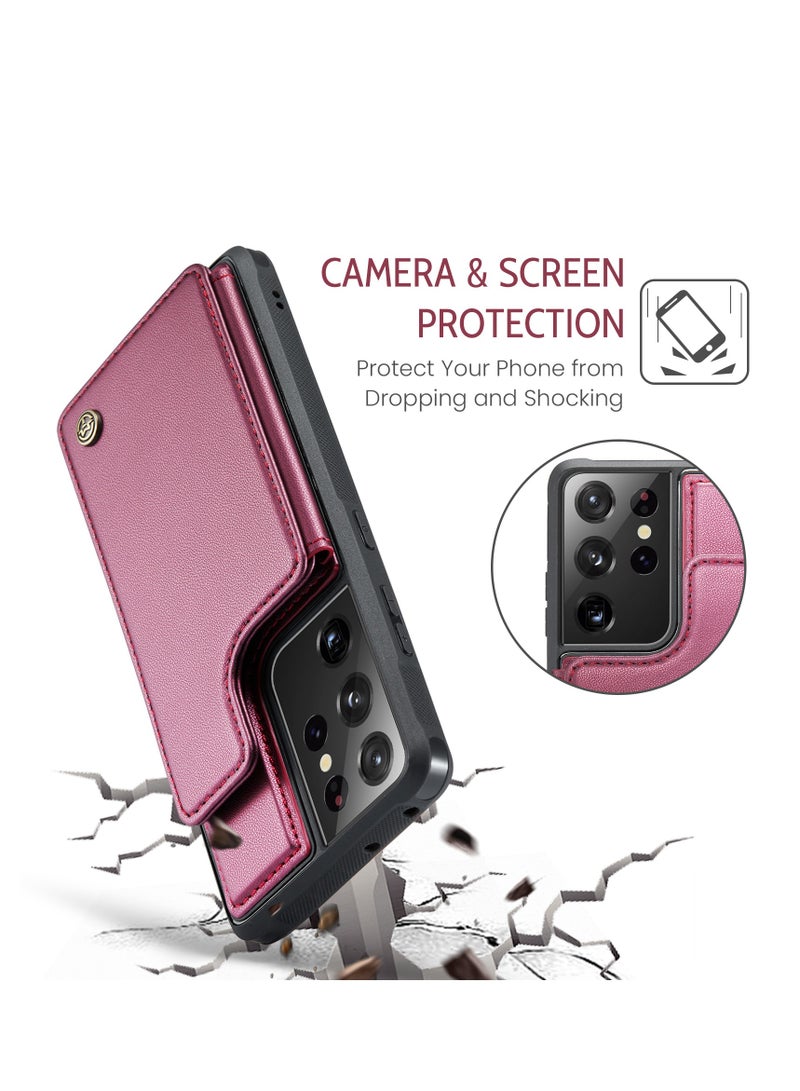CaseMe Wallet Case for Samsung Galaxy S21 Ultra, Premium Handmade Durable PU Leather Slim Shockproof Case with [Double Magnetic Clasp] [Card Holder] [Kickstand] [RFID Blocking] (Red)  - Image 5