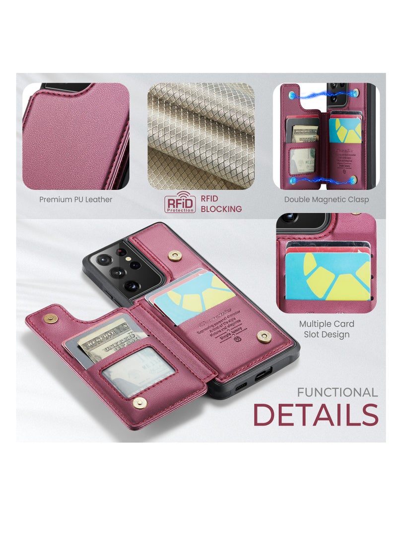 CaseMe Wallet Case for Samsung Galaxy S21 Ultra, Premium Handmade Durable PU Leather Slim Shockproof Case with [Double Magnetic Clasp] [Card Holder] [Kickstand] [RFID Blocking] (Red)  - Image 3
