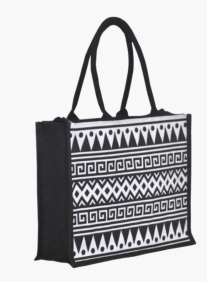 Daffodil Jute Bags | Tote Bag | Handcrafted Printed Bag | Eco Friendly Carry Bag | Durable Bags for Men & Women | Jute Handbags with Zipper (Black) - Image 3