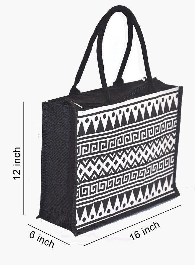 Daffodil Jute Bags | Tote Bag | Handcrafted Printed Bag | Eco Friendly Carry Bag | Durable Bags for Men & Women | Jute Handbags with Zipper (Black) - Image 4