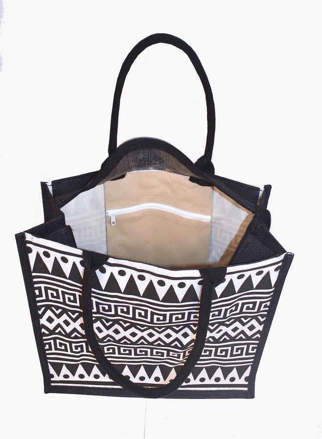 Daffodil Jute Bags | Tote Bag | Handcrafted Printed Bag | Eco Friendly Carry Bag | Durable Bags for Men & Women | Jute Handbags with Zipper (Black) - Image 5