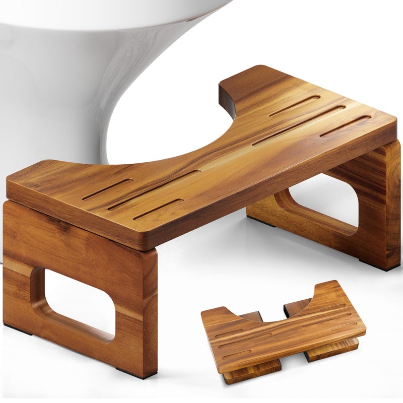 BLUEWEST Foldable Toilet Stool Acacia Wood Poop Stool for Potty Training 7 Inch NonSlip Bathroom Step with Collapsible Design for Adults