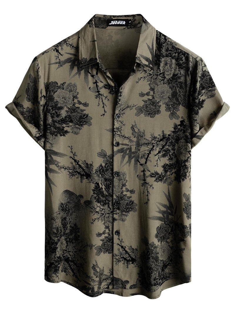 JOTOOK Mens Hawaiian Shirt Short Sleeve Button Down Tropical Shirts Casual Floral Summer Beach Shirt Vacation Shirt Large Khaki Flower - Image 1