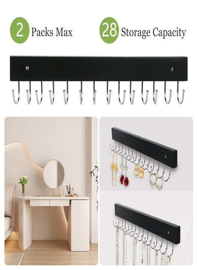 AnDock Necklace Holder Wall Mounted Jewelry Organizer - 2 Pack Wooden with 28 Hooks, Hanging Earring & Ring Bracelet Storage, Decorative Space-Saving Jewelry Display (Black) - Image 2