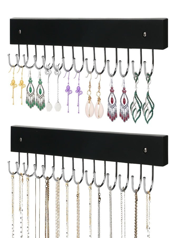 AnDock Necklace Holder Wall Mounted Jewelry Organizer - 2 Pack Wooden with 28 Hooks, Hanging Earring & Ring Bracelet Storage, Decorative Space-Saving Jewelry Display (Black) - Image 1