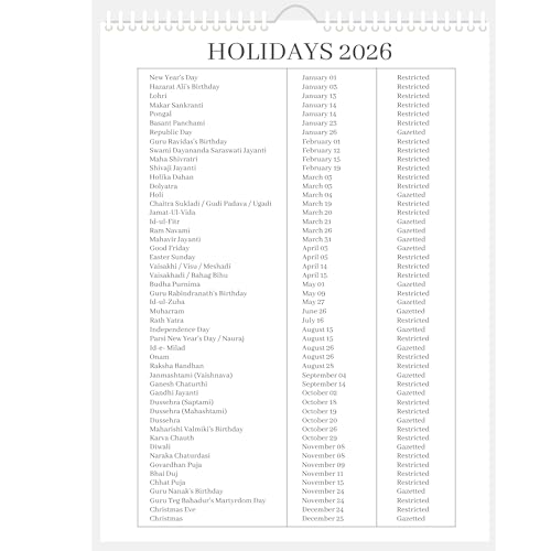LAURET BLANC 2026 Wall Calendar -14.75" X 20" for Home & Office, Holidays Mentioned, 150 GSM Art Paper (B) - Image 4