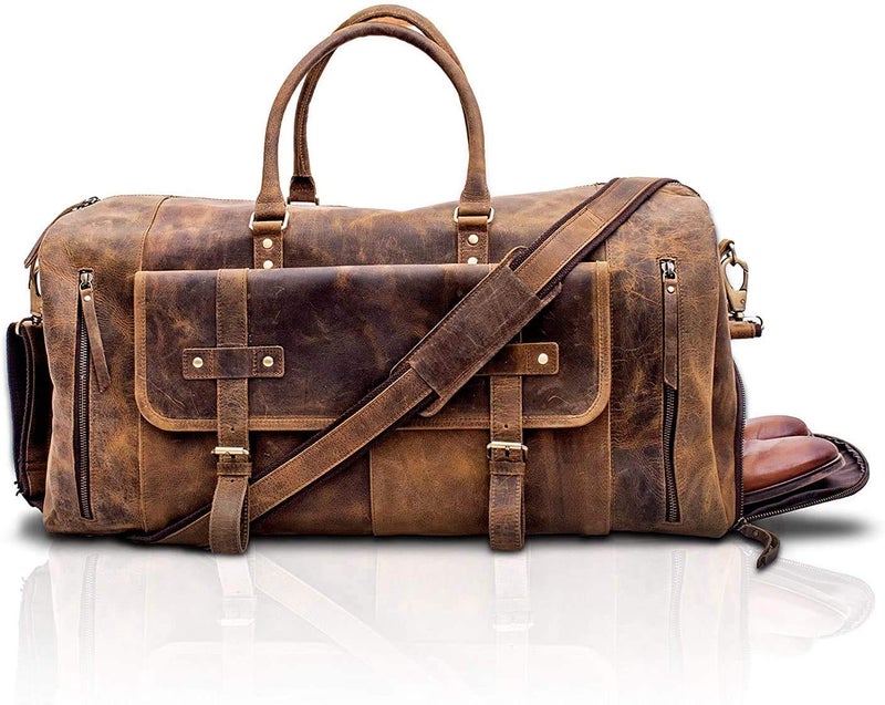 KomalC Leather Travel Duffel Bags for Men and Women Full Grain Overnight Weekend Bags Sports Gym Duffle Distressed Tan With Shoe Pocket