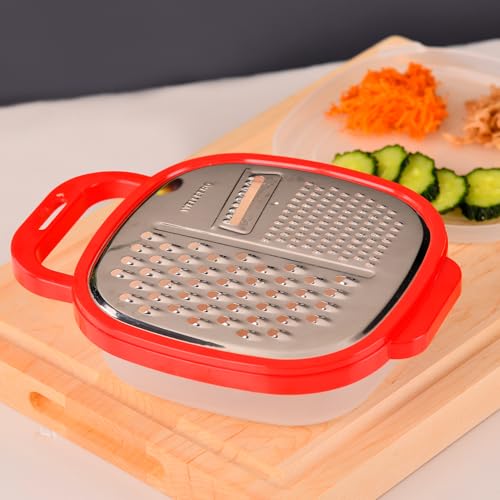 Wellberg 5 in 1 Stainless Steel Greater with Attachable Container for Grated Food, Cheese Box Grater, Food Chopper, Wave Cutter, Multi-Purpose Shredder and Grater, Container Comes with Lid - Image 1