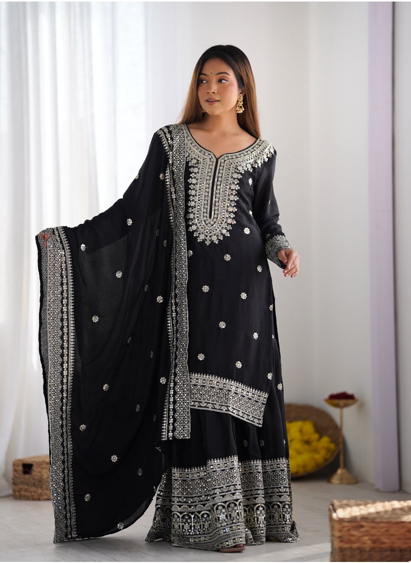 Super Asian Classic Chinnon Silk with Heavy Embroidery Sequence Work Top-Palazzo and Dupatta Set with Fully Stitched Sharara Ready to Wear Collection  - Image 1