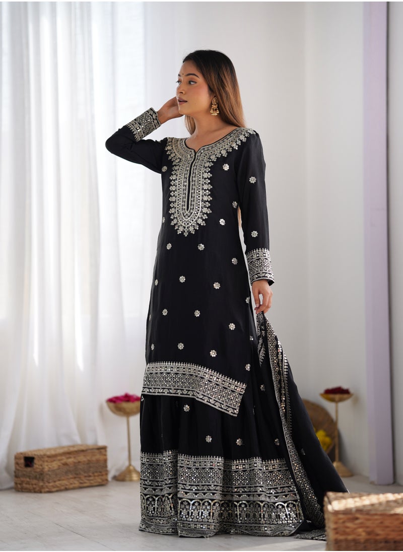 Super Asian Classic Chinnon Silk with Heavy Embroidery Sequence Work Top-Palazzo and Dupatta Set with Fully Stitched Sharara Ready to Wear Collection  - Image 4