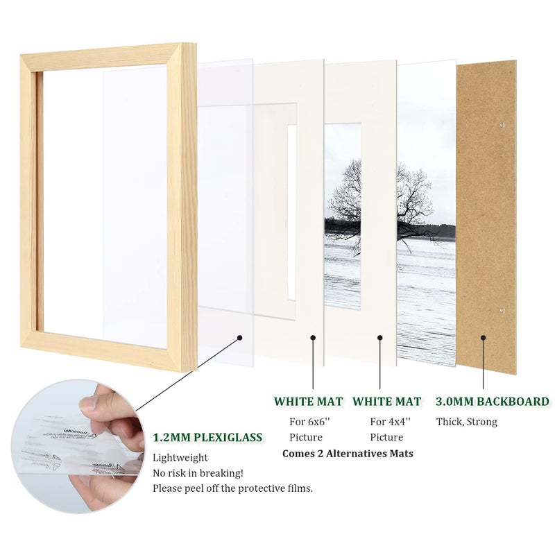 Egofine Egofine 8x8 Picture Frames Natural Wood Frames with Plexiglass  Display Pictures 4x4/6x6 with Mat or 8x8 Without Mat Set of 4 for Tabletop and Wall Mounting  - Image 5