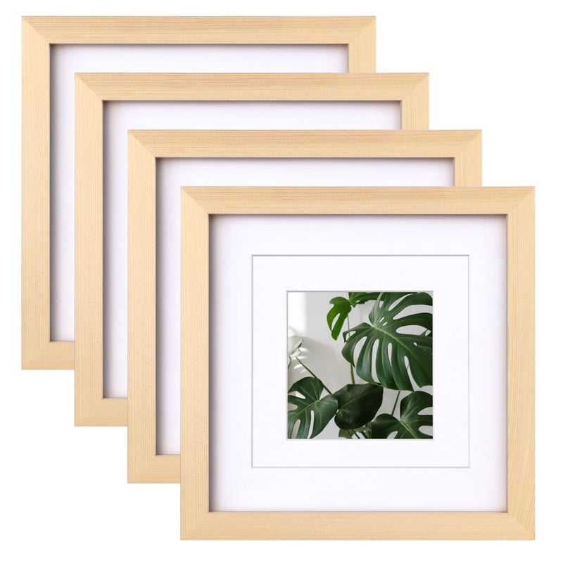 Egofine Egofine 8x8 Picture Frames Natural Wood Frames with Plexiglass  Display Pictures 4x4/6x6 with Mat or 8x8 Without Mat Set of 4 for Tabletop and Wall Mounting  - Image 1