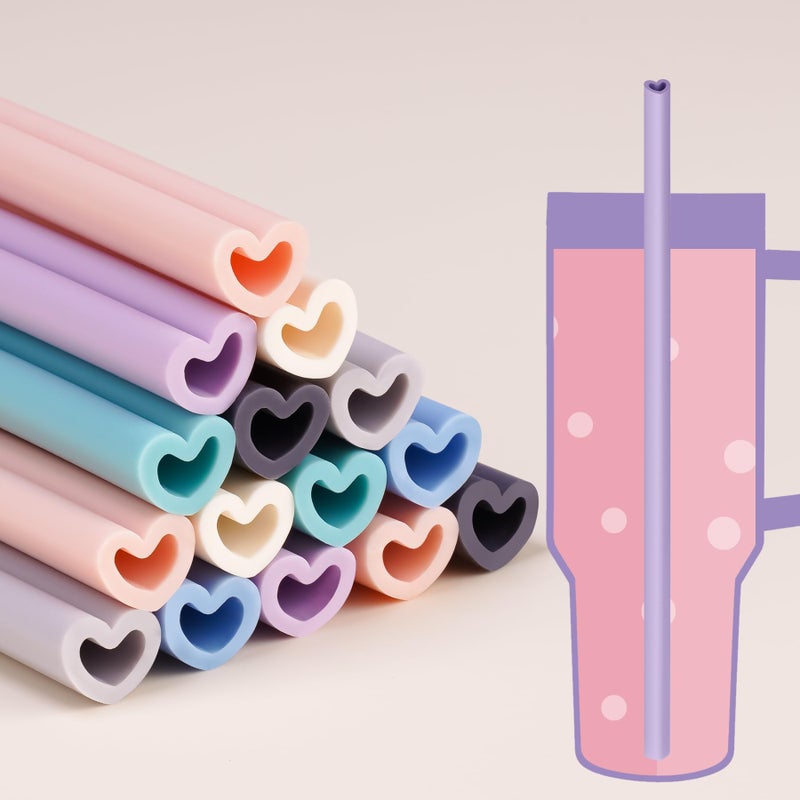 Tomorotec 15PCS Heart Shaped Silicone Straws Fit for Stanley 40oz 30oz 20oz Tumbler, 12.2 Inch Reusable Silicone Drinking Straws Fit for Stanley Cups, Customizable for Various Drinkware w/ 2 Brushes - Image 1