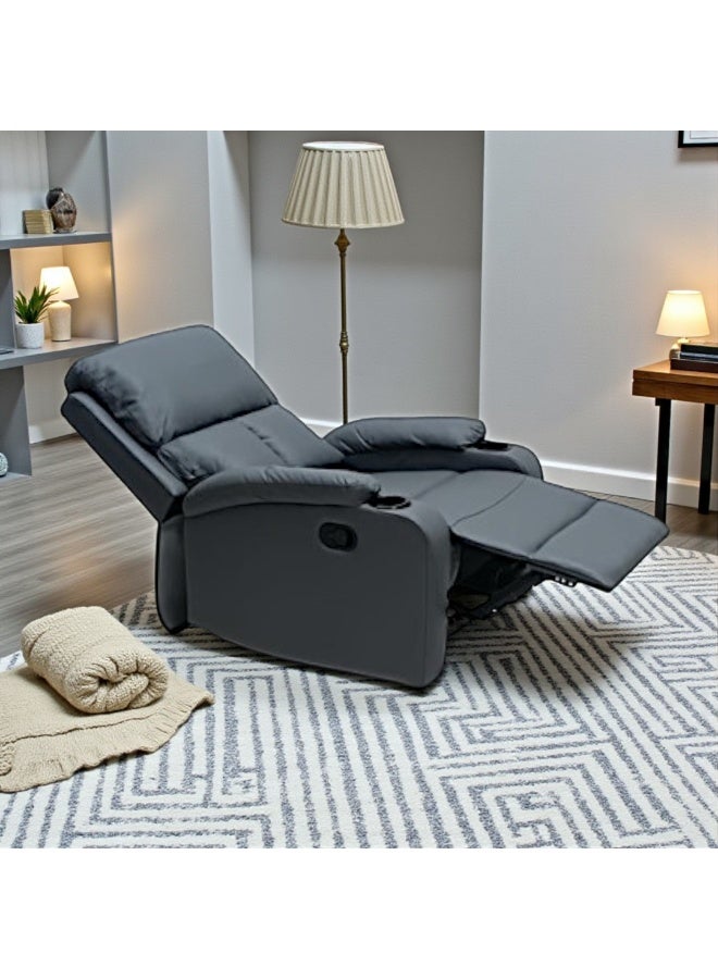 مفروشات صابر واخوانه (ذ.م.م) SBF Single Seater PU Leather Manual Recliner with Cup Holders - Modern Design, Ultimate Comfort, One-Seat Relaxing Chair, Ideal Living Room Furniture For Home Relaxation Experience, Grey - Image 3