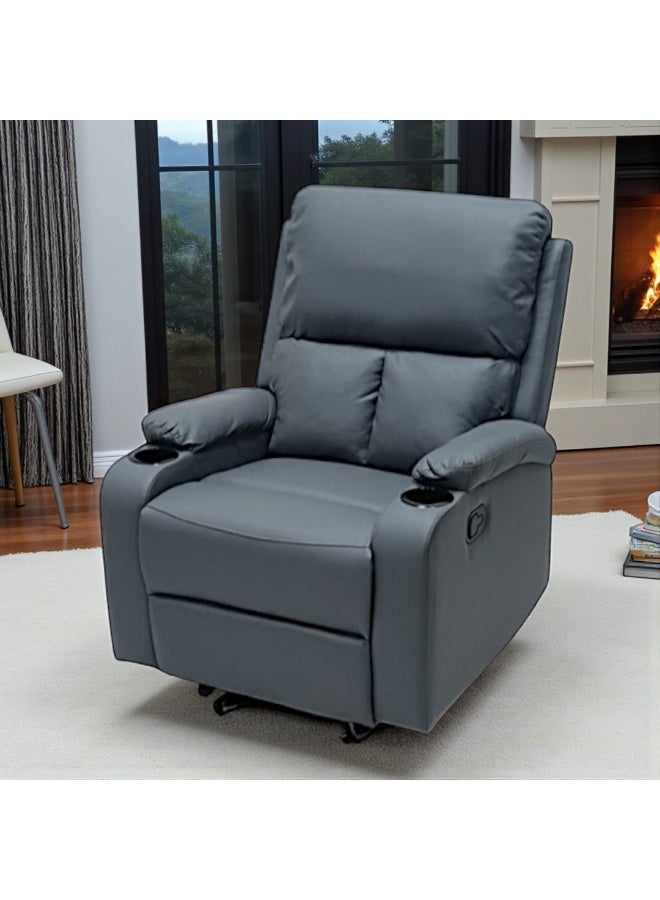 مفروشات صابر واخوانه (ذ.م.م) SBF Single Seater PU Leather Manual Recliner with Cup Holders - Modern Design, Ultimate Comfort, One-Seat Relaxing Chair, Ideal Living Room Furniture For Home Relaxation Experience, Grey - Image 4