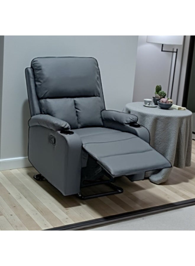 مفروشات صابر واخوانه (ذ.م.م) SBF Single Seater PU Leather Manual Recliner with Cup Holders - Modern Design, Ultimate Comfort, One-Seat Relaxing Chair, Ideal Living Room Furniture For Home Relaxation Experience, Grey - Image 2
