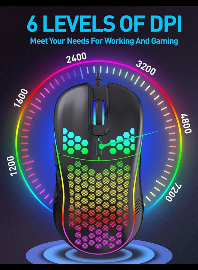 Honeycomb Wired Gaming Mouse, RGB Backlight and 7200 Adjustable DPI, Ergonomic and Lightweight USB Computer Mouse with High Precision Sensor for Windows PC  Laptop Gamers (Black) - Image 3