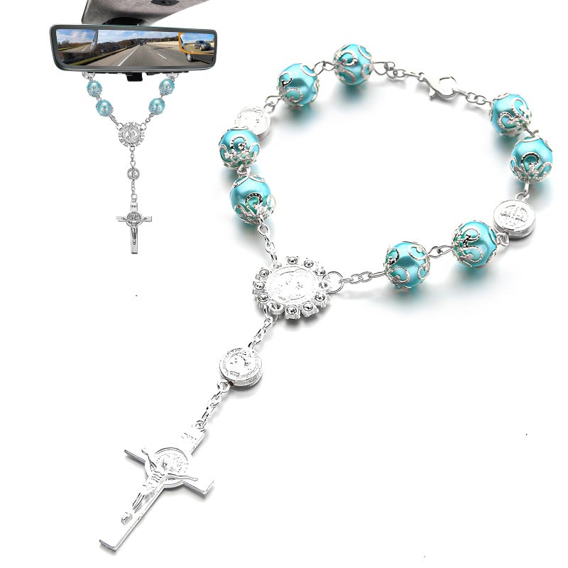 SHMZK Car Rosary for Rearview Mirror Personalized Blessing Hanging Pendant for Car Rear View Mirror Cross Rosary Ornament Interior Decor for Most Vehicles Car Accessories Blue - Image 3