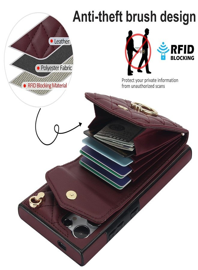 Asuwish Phone Case for Samsung Galaxy S24 Ultra 5G Wallet Cover with Tempered Glass Screen Protector and Wrist Strap Ring RFID Blocking Credit Card Holder Cell S24Ultra 24S S 24 24Ultra Women Wine Red - Image 3