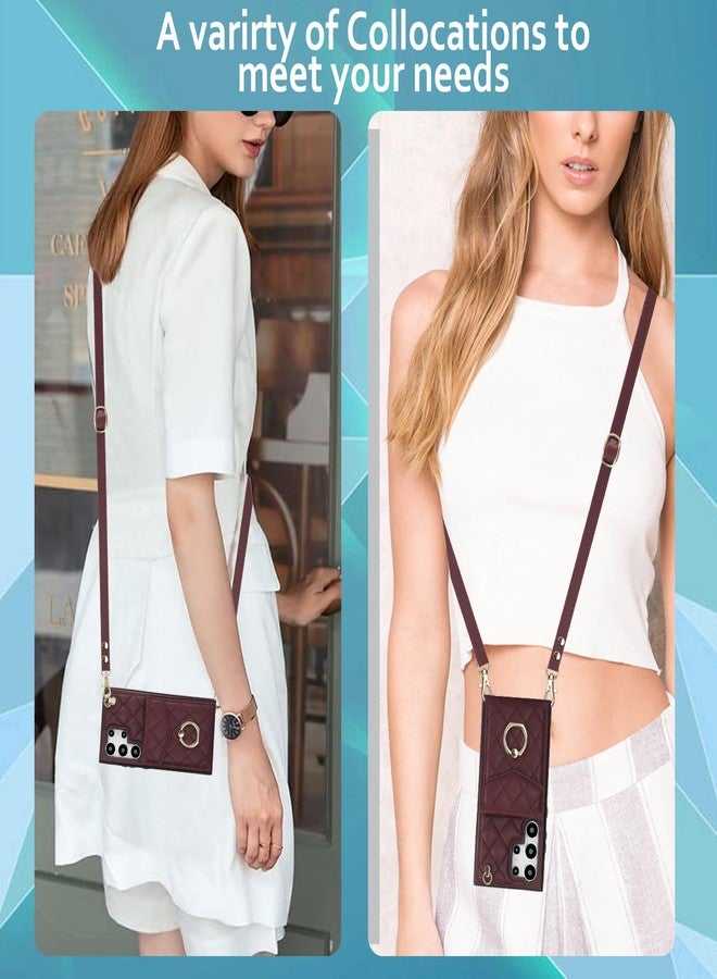 Asuwish Phone Case for Samsung Galaxy S24 Ultra 5G Wallet Cover with Tempered Glass Screen Protector and Wrist Strap Ring RFID Blocking Credit Card Holder Cell S24Ultra 24S S 24 24Ultra Women Wine Red - Image 5