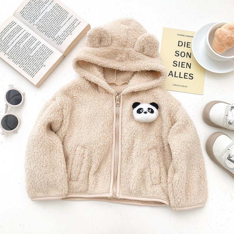 Kids Bunny Hooded Jacket Cute Fleece Autumn Winter Apricot  - Image 2