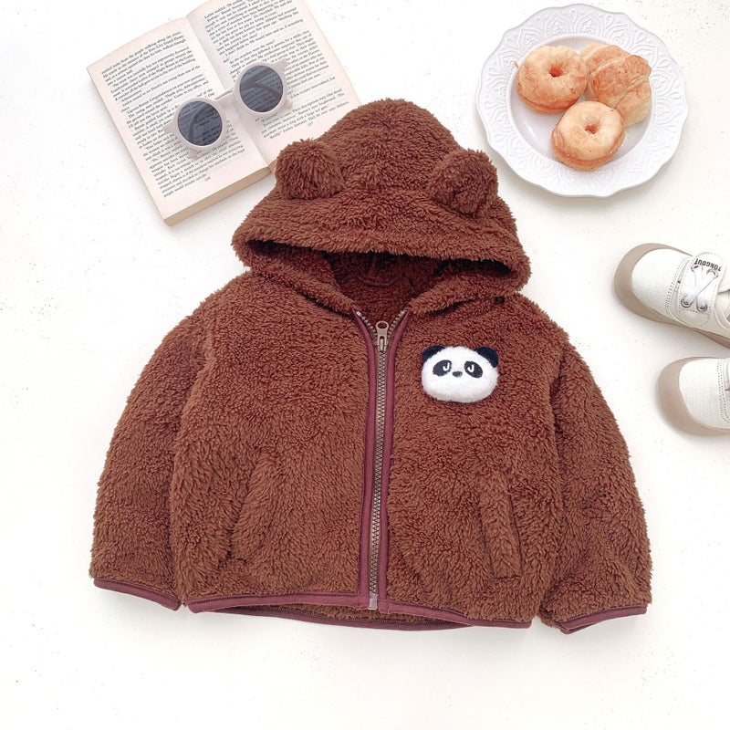 Kids Bunny Hooded Jacket Cute Fleece Autumn Winter Apricot  - Image 3