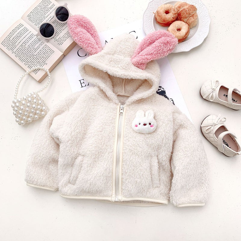 Kids Bunny Hooded Jacket Cute Fleece Autumn Winter Apricot  - Image 1
