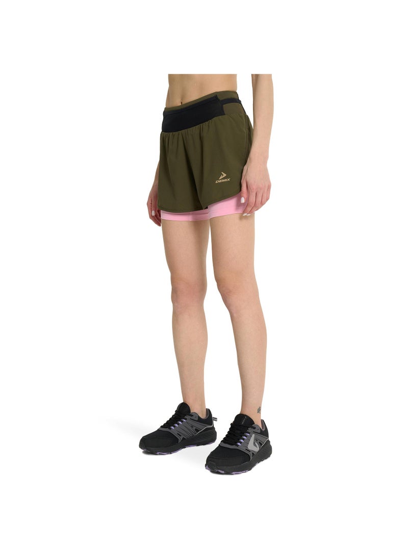 Demix Women's Running Shorts Green/Pink, Demix, MOVI Cool+ Moisture-Wicking, Compression Inner Shorts, 5 Pockets, Reflective Details for Safety - Image 2