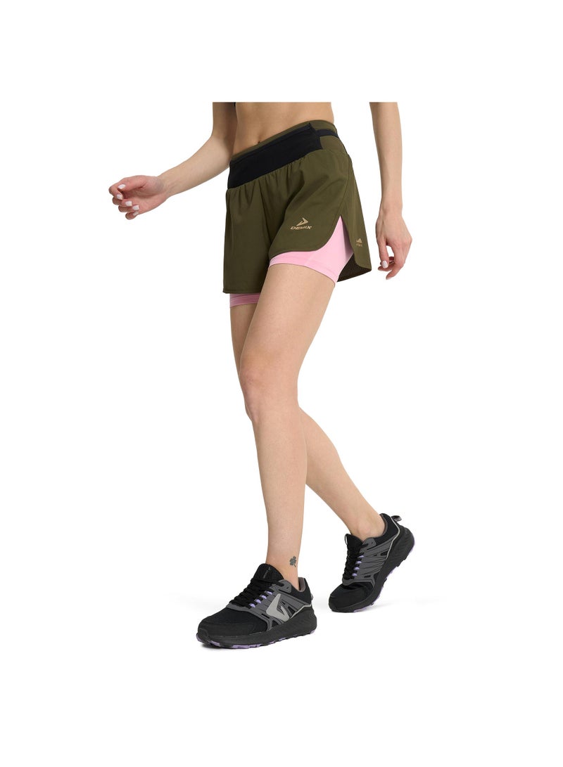 Demix Women's Running Shorts Green/Pink, Demix, MOVI Cool+ Moisture-Wicking, Compression Inner Shorts, 5 Pockets, Reflective Details for Safety - Image 1