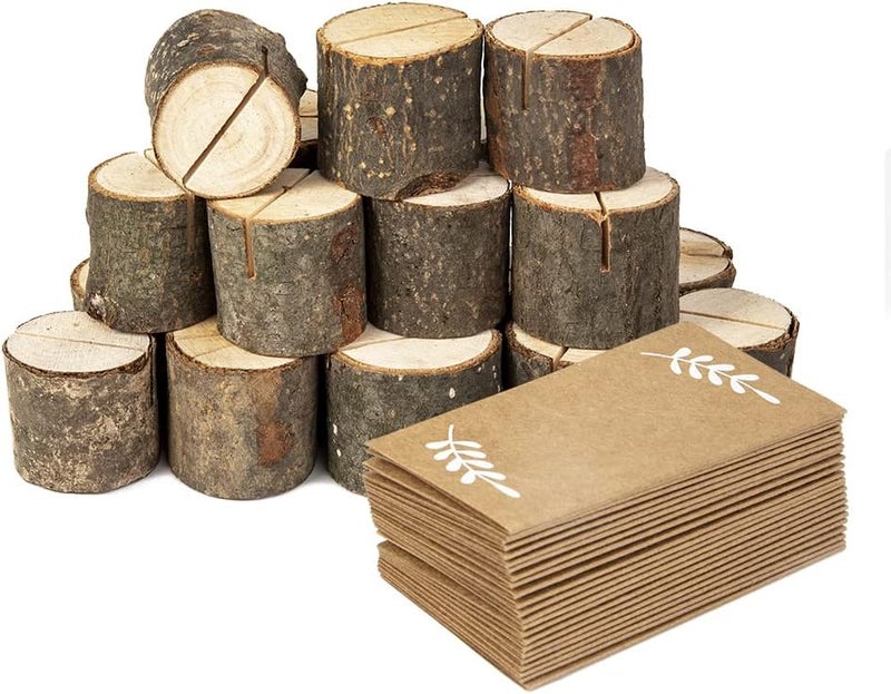 Jofefe 20Pcs Wood Place Card Holders and 24Pcs Kraft Table Place Cards, Rustic Table Number Holders, Food Labels, Name Card Photo Picture Holders for Harvest Fall Thanksgiving Wedding Birthday Party. - Image 1