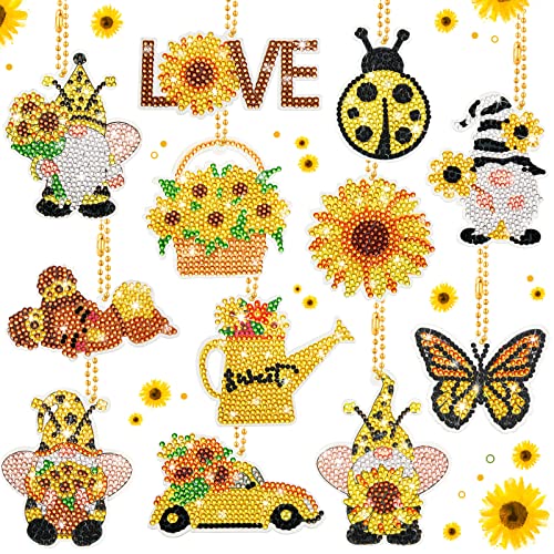BBTO 12 Pcs Sunflower Gnome Diamond Painting Keychains 5d Diamond Key Chain Kit DIY Diamond Art Keychains for Beginners Kids Adults DIY Key Ring Pendant Summer Crafts Making, yellow - Image 1