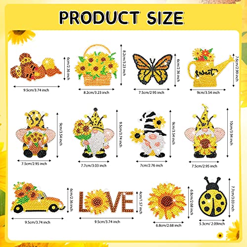 BBTO 12 Pcs Sunflower Gnome Diamond Painting Keychains 5d Diamond Key Chain Kit DIY Diamond Art Keychains for Beginners Kids Adults DIY Key Ring Pendant Summer Crafts Making, yellow - Image 3