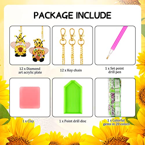 BBTO 12 Pcs Sunflower Gnome Diamond Painting Keychains 5d Diamond Key Chain Kit DIY Diamond Art Keychains for Beginners Kids Adults DIY Key Ring Pendant Summer Crafts Making, yellow - Image 4