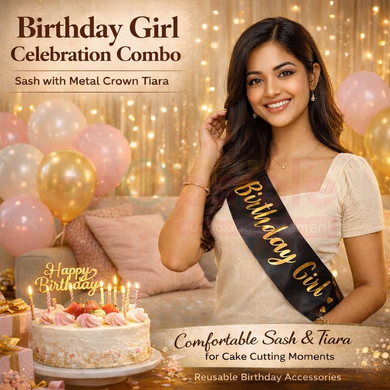 Propsicle Black Birthday Girl Sash & Golden Kids Crown For Girls Tiara Birthday Party Decoration Gift Headband & Sash Combo - Pack of 2 - Image 3
