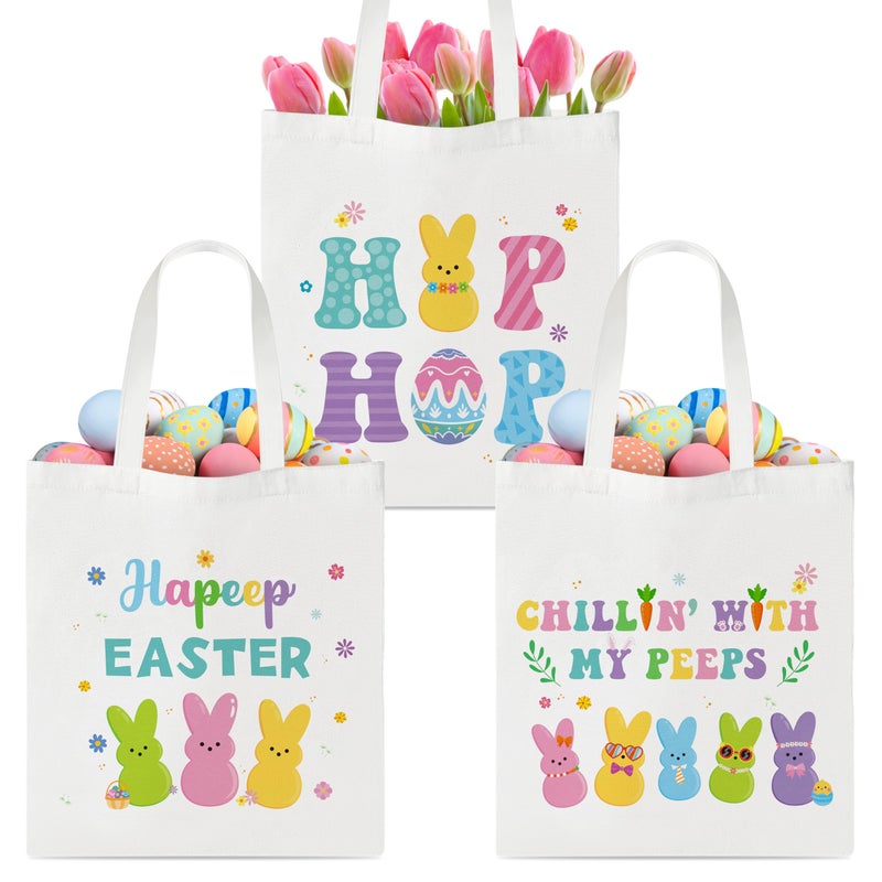 Laffact Easter Bunny Peep Gift Bags - 3Pcs Large Canvas Tote Bags with Handles, Funny Easter Egg Bunny Chillin' with My Peeps Treat Handbags, Reusable Grocery Folding Shopping Handbag for Party Favors - Image 1