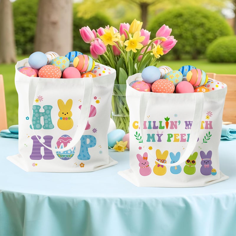 Laffact Easter Bunny Peep Gift Bags - 3Pcs Large Canvas Tote Bags with Handles, Funny Easter Egg Bunny Chillin' with My Peeps Treat Handbags, Reusable Grocery Folding Shopping Handbag for Party Favors - Image 3
