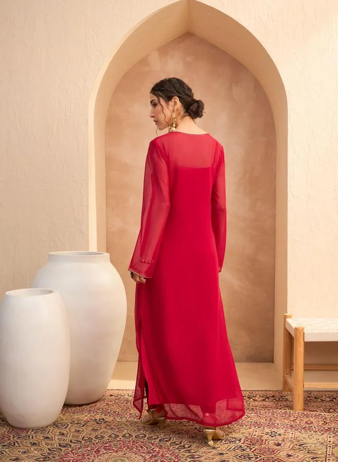 SASSAFRAS Sassafras Women Red Embellished Round Neck Abaya Dress
