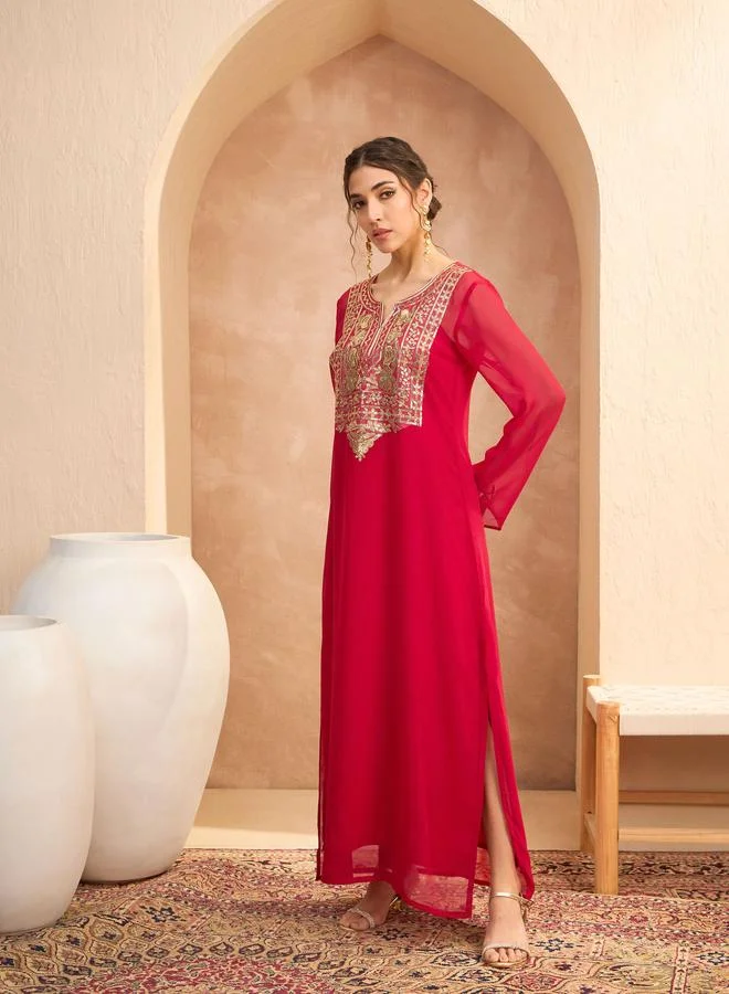 SASSAFRAS Sassafras Women Red Embellished Round Neck Abaya Dress