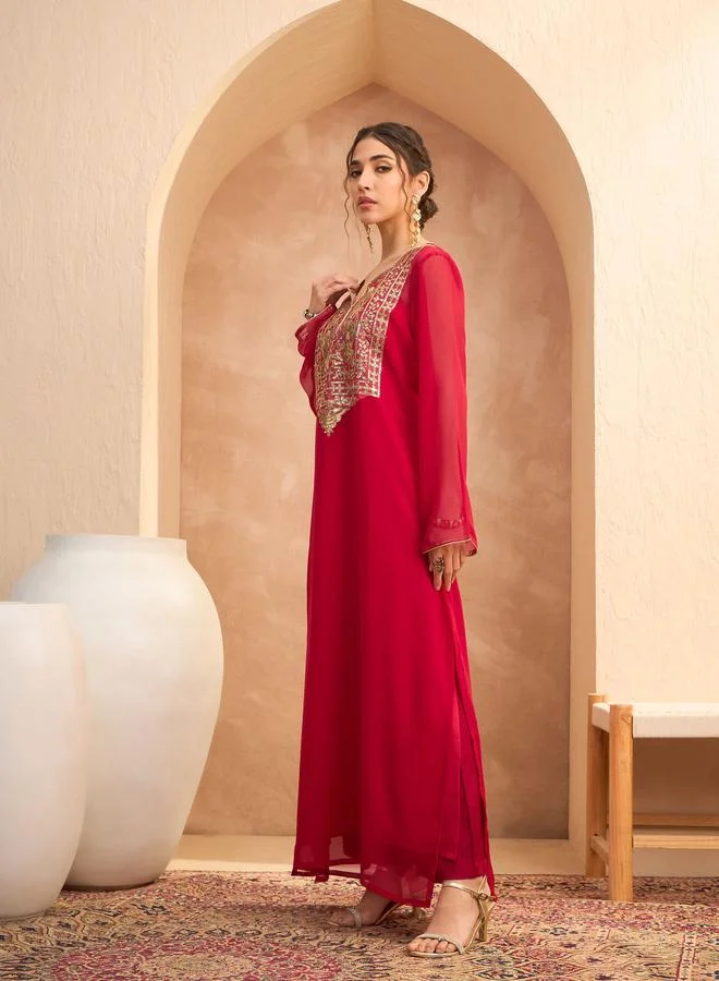 SASSAFRAS Sassafras Women Red Embellished Round Neck Abaya Dress