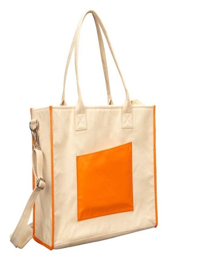 abrazo Canvas Tote Handbag with Shoulder Strap, Orange Accent Panel, Cream Colour - Image 1