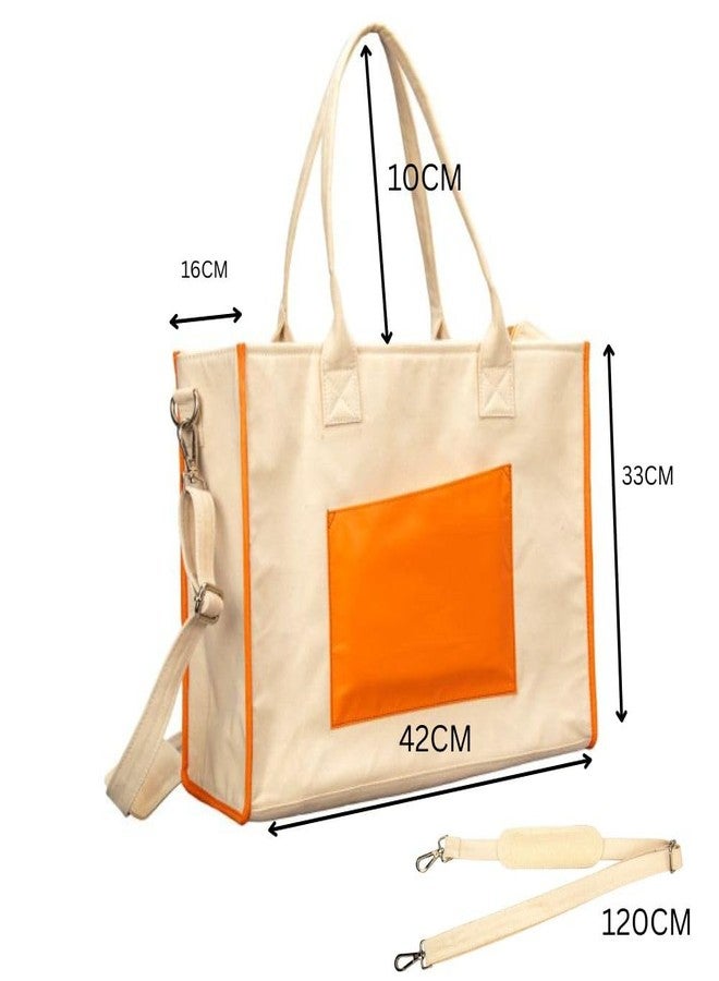 abrazo Canvas Tote Handbag with Shoulder Strap, Orange Accent Panel, Cream Colour - Image 4