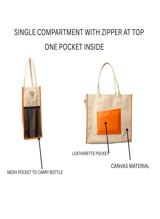 abrazo Canvas Tote Handbag with Shoulder Strap, Orange Accent Panel, Cream Colour - Image 5