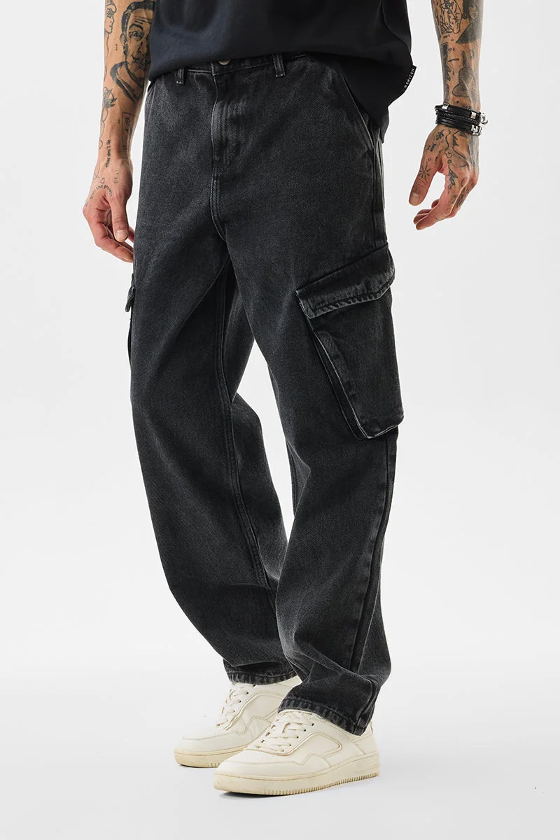 سنيتش Dark Grey Solid Loose Fit Casual Jeans