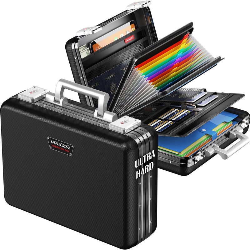 COLCASE Fireproof Document Box, Ultra Hard Case All-Around Fireproof Box with TSA Lock Aluminum Frame Zipperless Hard-Shell Safe Box for Documents Valuables Passports Black - Image 1