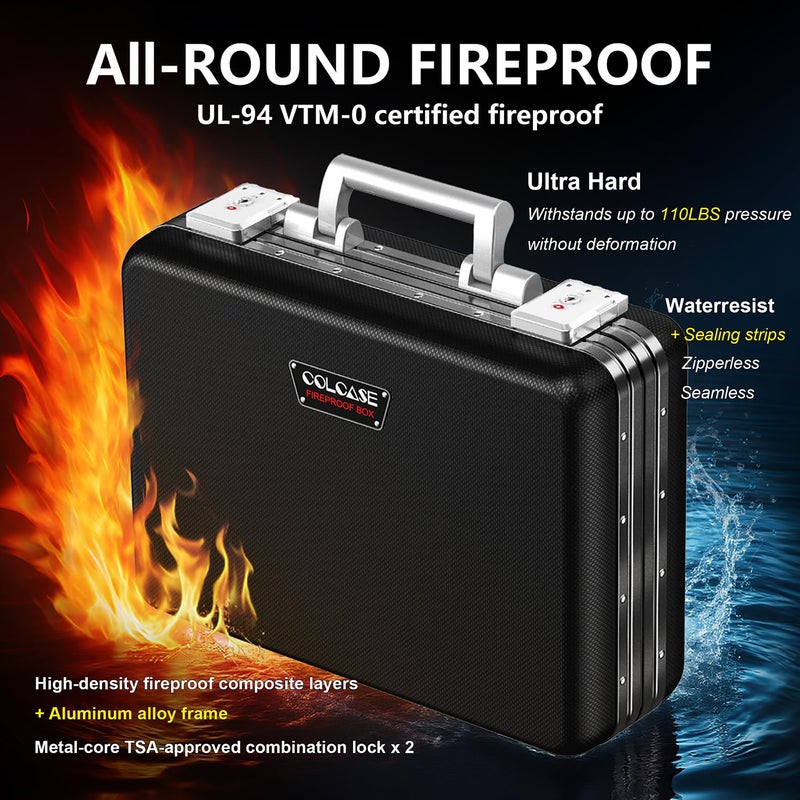 COLCASE Fireproof Document Box, Ultra Hard Case All-Around Fireproof Box with TSA Lock Aluminum Frame Zipperless Hard-Shell Safe Box for Documents Valuables Passports Black - Image 2