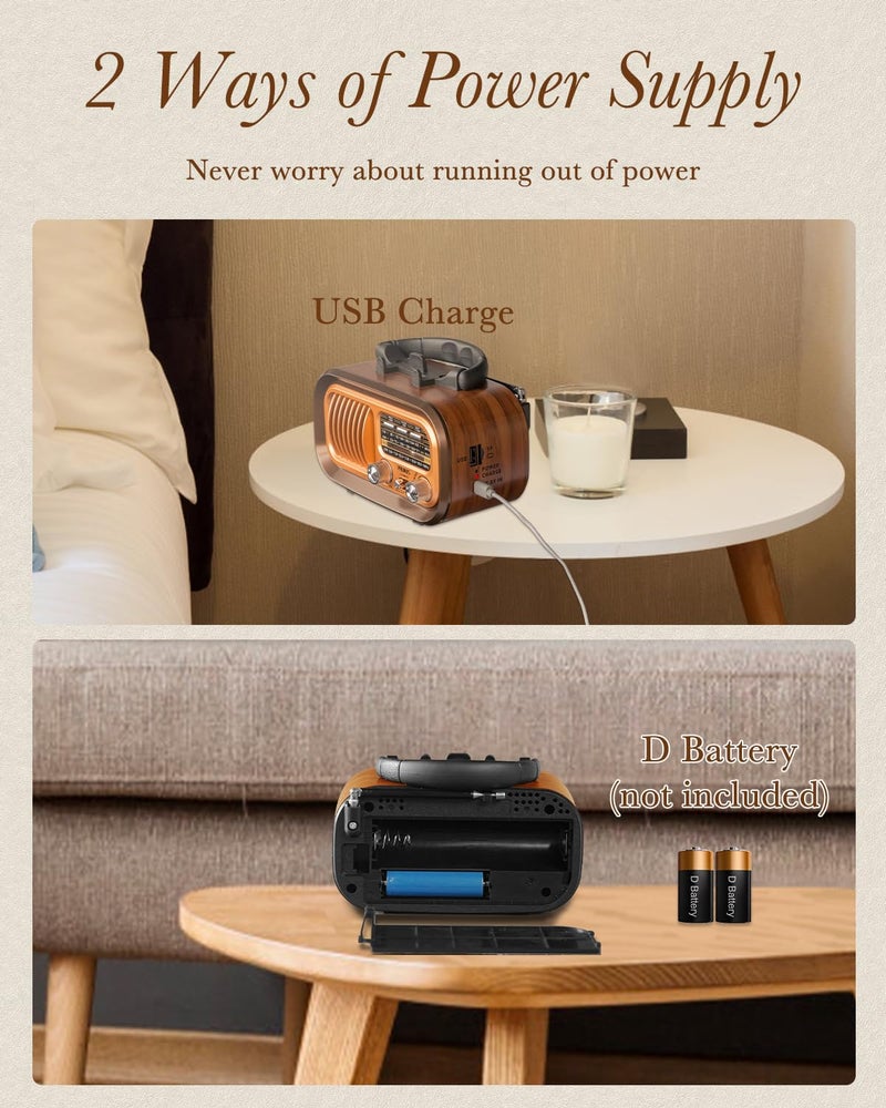 PRUNUS J150 Vintage/Retro Radio Bluetooth Speaker, AM FM Radio with Bluetooth, Bluetooth Radio, Support TF Card/USB Playing, TWS, D Battery Operated Radio, Rechargeable Radios - Image 4