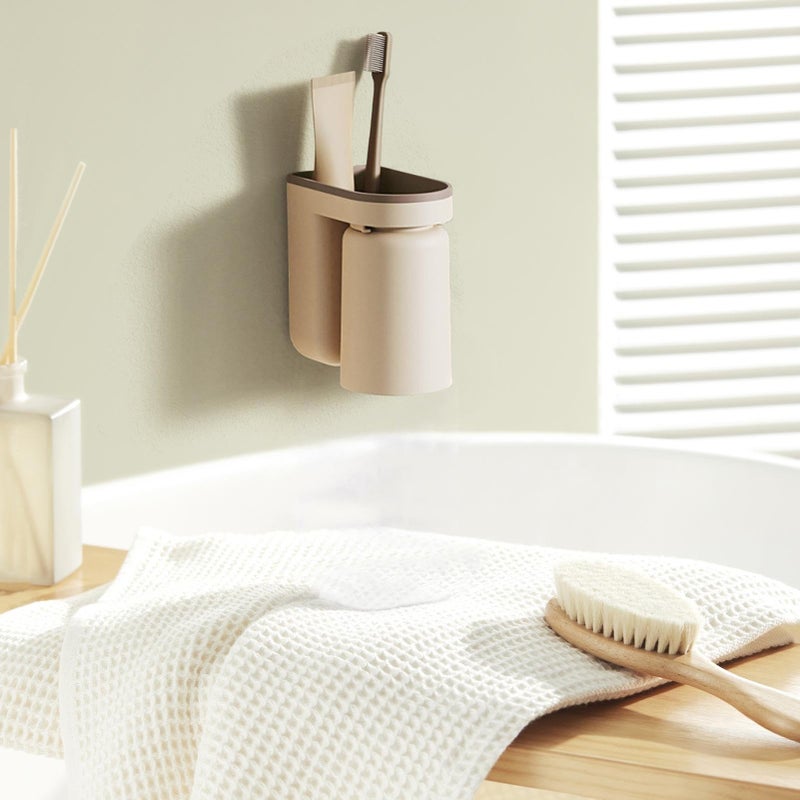 Beige Toothbrush Holder Wall Mount No Drill Adhesive Bathroom Organizer With 2 Cups - Image 4