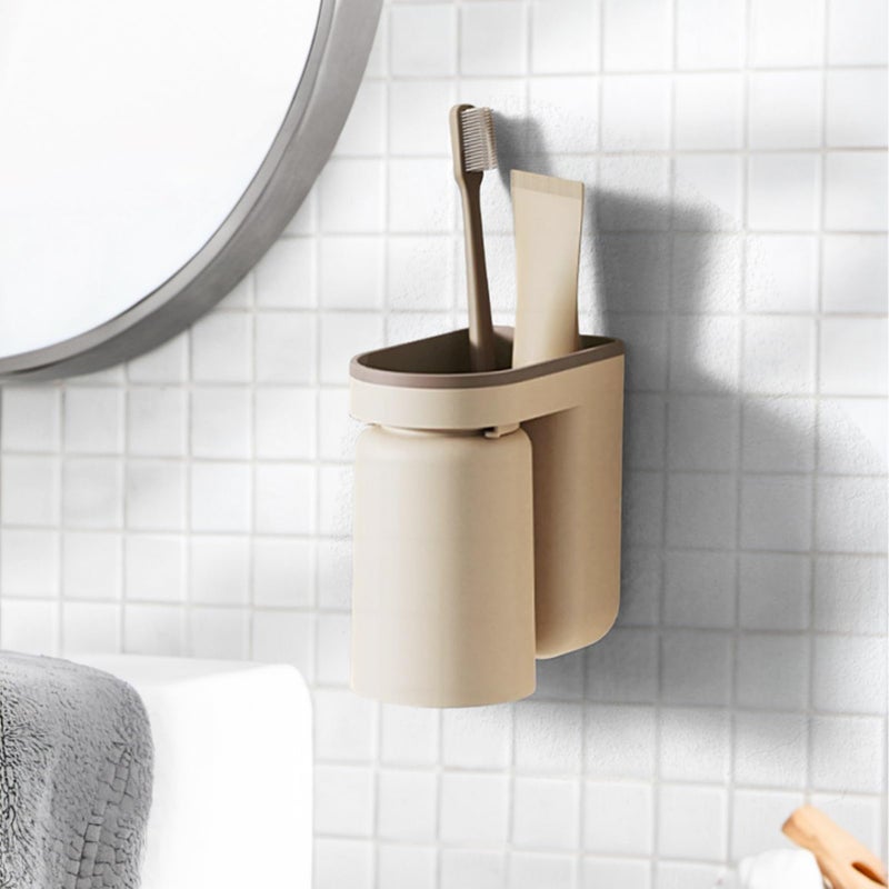 Beige Toothbrush Holder Wall Mount No Drill Adhesive Bathroom Organizer With 2 Cups - Image 3